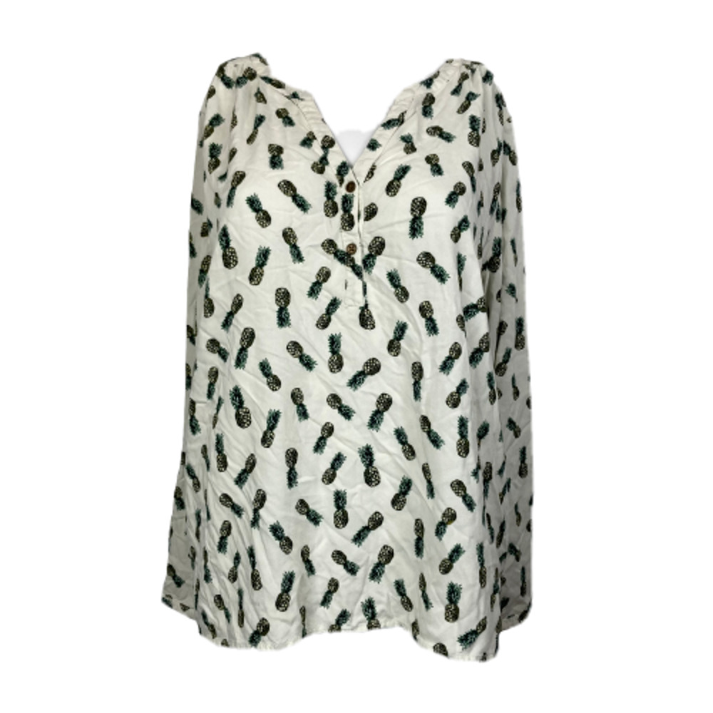 Chip & Pepper Shirt Womens Sz M Tunic White Pineapple Print V-Neck Button Blouse